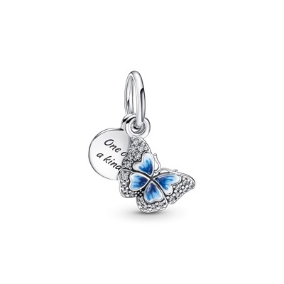 PANDORA Mod. BLUE BUTTERFLY &amp; QUOTE DOUBLE DANGLE CHARM